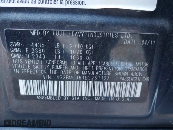 2011 Subaru Legacy Limited with VIN 4S3BMCJ61B3251127, listed as a IAAI auction lot 41167633 with 150,508 mi miles and . Bid and sale history available at DreamBid. Image 9.