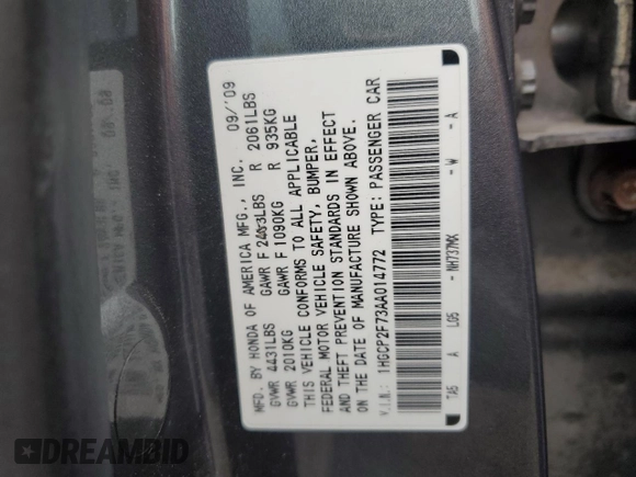 2010 Honda Accord EX with VIN 1HGCP2F73AA014772, listed as a Copart auction lot 65013335 with 182,270 mi miles and Clean title. Bid and sale history available at DreamBid. Image 12.
