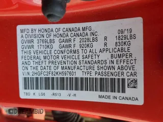2019 Honda Civic Sport with VIN 2HGFC2F82KH597601, listed as a Copart auction lot 48484185 with 81,778 mi miles and Salvage title. Bid and sale history available at DreamBid. Image 12.