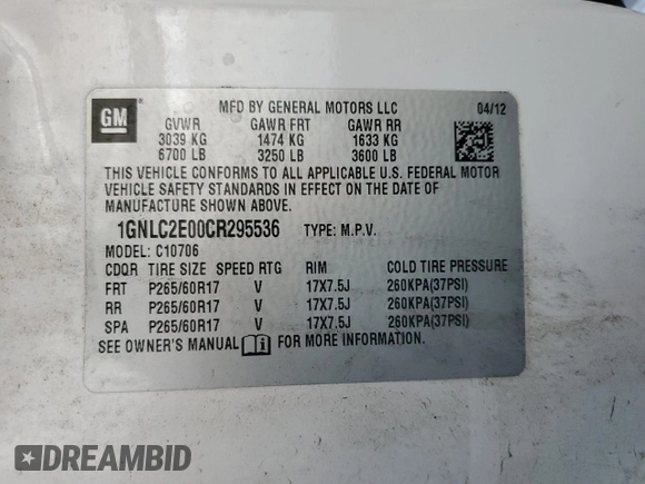 2012 Chevrolet Tahoe Commercial with VIN 1GNLC2E00CR295536, listed as a Copart auction lot 53904535 with 140,719 mi miles and Salvage title. Bid and sale history available at DreamBid. Image 13.