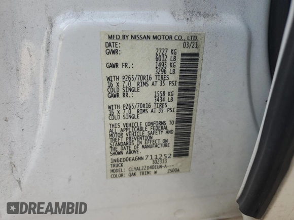 2021 Nissan Frontier SV z VIN 1N6ED0EA6MN711252, wystawiony jako Copart lot #83460784 z przebiegiem 168 655 mil mil oraz Czysty tytuł • Clean title. Historia ofert i sprzedaży dostępna na DreamBid. Obrazek 12.