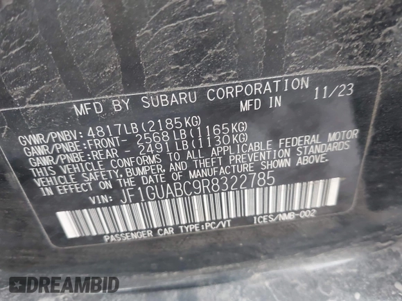 2024 Subaru Impreza with VIN JF1GUABC9R8322785, listed as a IAAI auction lot 41897539 with 24,256 mi miles and . Bid and sale history available at DreamBid. Image 9.