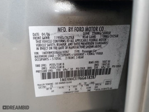 2006 Mercury Montego Premier with VIN 1MEHM43196G618287, listed as a Copart auction lot 79073514 with 92,972 mi miles and Salvage Title. Bid and sale history available at carsss.com. Image 12.