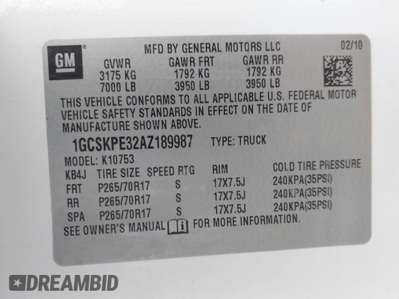 2010 Chevrolet Silverado 1500 with VIN 1GCSKPE32AZ189987, listed as a IAAI auction lot 41443898 with 175,896 mi miles and . Bid and sale history available at DreamBid. Image 9.