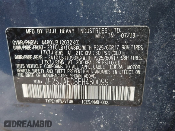 2014 Subaru Forester Premium with VIN JF2SJAEC8EH480099, listed as a IAAI auction lot 41659715 with 250,722 mi miles and . Bid and sale history available at DreamBid. Image 9.