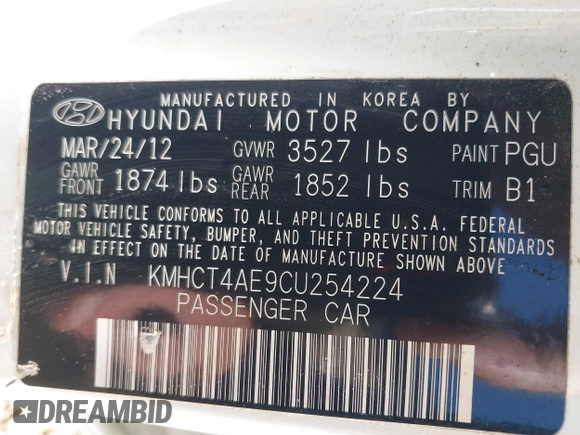 2012 Hyundai Accent GLS with VIN KMHCT4AE9CU254224, listed as a IAAI auction lot 41964055 with 86,501 mi miles. Bid and sale history available at carsss.com. Image 9.