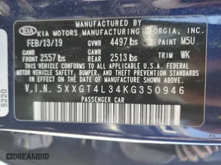 2019 Kia Optima LX with VIN 5XXGT4L34KG350946, listed as a Copart auction lot 47983805 with 120,167 mi miles and Clean Title. Bid and sale history available at carsss.com. Image 13.