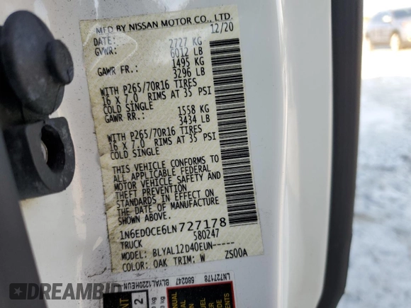 2020 Nissan Frontier S with VIN 1N6ED0CE6LN727178, listed as a Copart auction lot 52935815 with 51,617 mi miles and Salvage title. Bid and sale history available at DreamBid. Image 12.