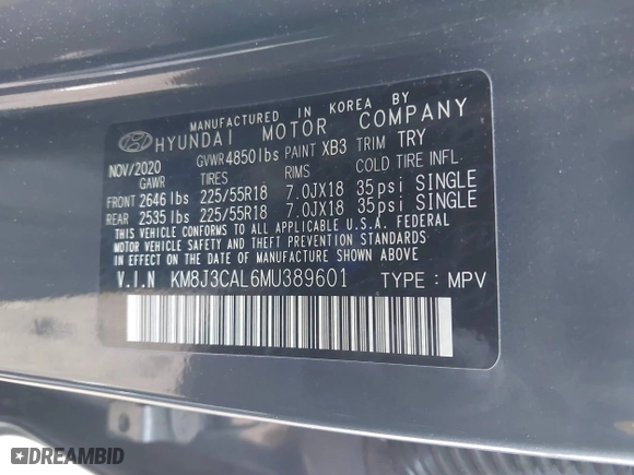 2021 Hyundai Tucson Sport with VIN KM8J3CAL6MU389601, listed as a IAAI auction lot 40985601 with 66,013 mi miles. Bid and sale history available at carsss.com. Image 9.
