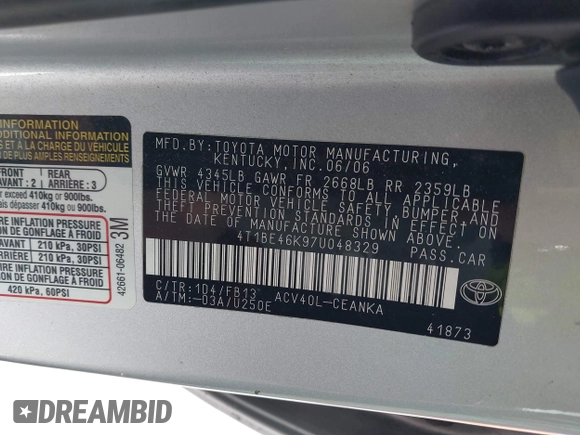 2007 Toyota Camry CE z VIN 4T1BE46K97U048329, wystawiony jako IAAI lot #41548552 z przebiegiem 126 825 mil mil oraz . Historia ofert i sprzedaży dostępna na DreamBid. Obrazek 9.
