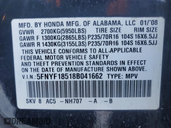 2008 Honda Pilot EX-L with VIN 5FNYF18518B041662, listed as a Copart auction lot 49458895 with 119,151 mi miles and Salvage Title. Bid and sale history available at carsss.com. Image 13.