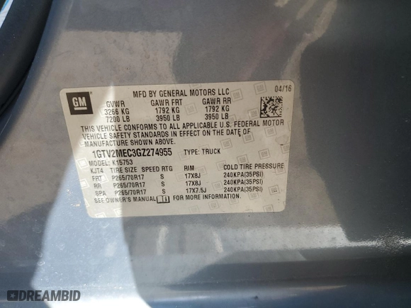 2016 GMC Sierra 1500 SLE with VIN 1GTV2MEC3GZ274955, listed as a Copart auction lot 50700485 with 0 mi miles and Salvage Title. Bid and sale history available at carsss.com. Image 12.