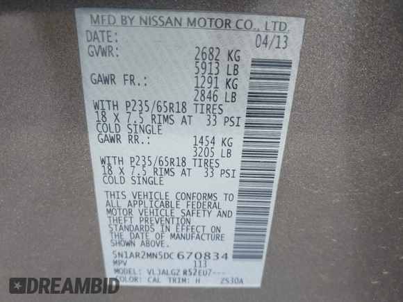 2013 Nissan Pathfinder S with VIN 5N1AR2MN5DC670834, listed as a IAAI auction lot 42826806 with 156,092 mi miles and . Bid and sale history available at DreamBid. Image 9.