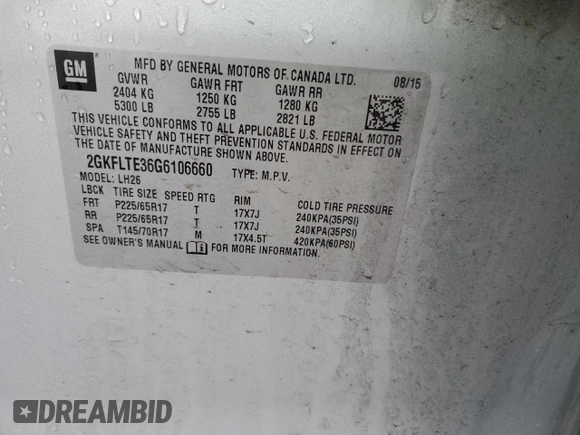 2016 GMC Terrain SLE with VIN 2GKFLTE36G6106660, listed as a Copart auction lot 46133925 with 128,432 mi miles and Salvage Title. Bid and sale history available at DreamBid. Image 15.