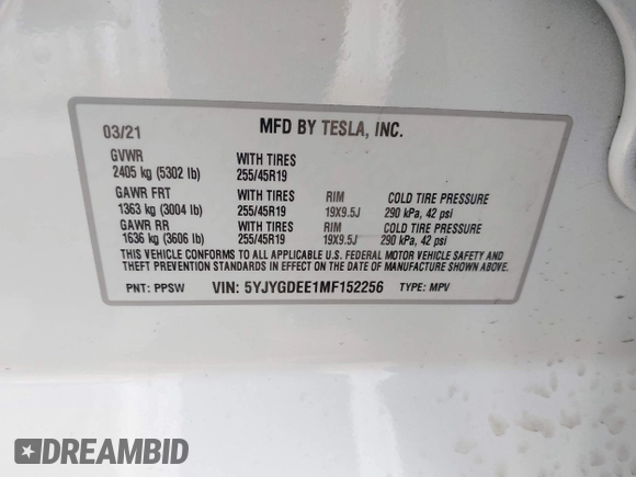 2021 Tesla Model Y Long Range with VIN 5YJYGDEE1MF152256, listed as a IAAI auction lot 42004769 with 35,176 mi miles. Bid and sale history available at carsss.com. Image 9.