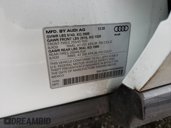 2021 Audi SQ5 Premium Plus with VIN WA1B4AFY5M2040854, listed as a Copart auction lot 45117073 with 42,940 mi miles. Bid and sale history available at carsss.com. Image 13.