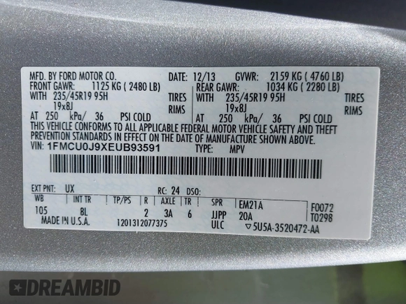 2014 Ford Escape Titanium с VIN 1FMCU0J9XEUB93591, выставлен на аукционе IAAI как лот 41721869 с пробегом 98 859 миль миль и . История ставок и продаж доступна на DreamBid. Изображение 9.
