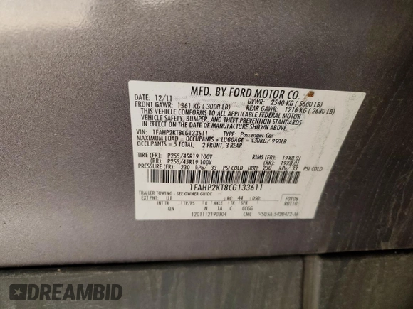 2012 Ford Taurus SHO with VIN 1FAHP2KT8CG133611, listed as a Copart auction lot 46637935 with Not provided miles and Salvage title. Bid and sale history available at DreamBid. Image 15.