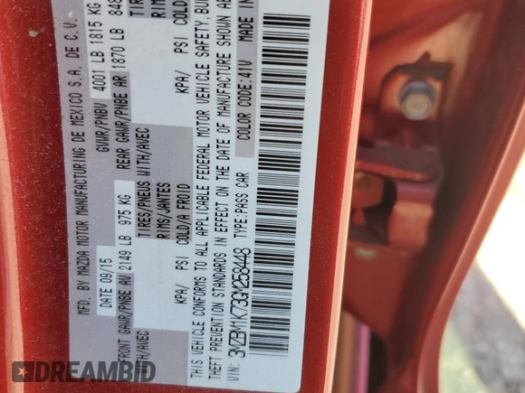 2016 Mazda 3 i Sport with VIN 3MZBM1K73GM258448, listed as a Copart auction lot 50324015 with 90,100 mi miles and Salvage Title. Bid and sale history available at DreamBid. Image 12.