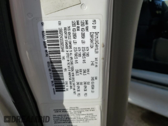 2002 Dodge Caravan SE with VIN 1B8GP24322B653040, listed as a Copart auction lot 46462415 with 75,888 mi miles and Salvage Title. Bid and sale history available at carsss.com. Image 15.