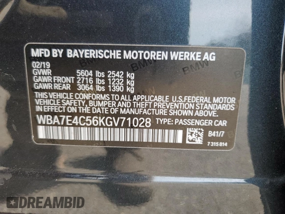 2019 BMW 7 Series 740i xDrive z VIN WBA7E4C56KGV71028, wystawiony jako Copart lot #76860474 z przebiegiem 66 657 mil mil oraz Nie do naprawy • Non repairable. Historia ofert i sprzedaży dostępna na DreamBid. Obrazek 14.