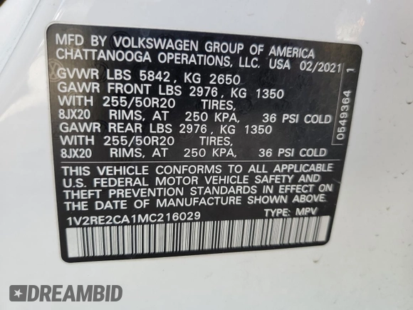 2021 Volkswagen Atlas SE with VIN 1V2RE2CA1MC216029, listed as a Copart auction lot 80369864 with 67,319 mi miles and Salvage title. Bid and sale history available at DreamBid. Image 13.