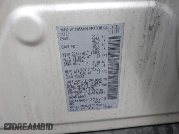 2014 Nissan Rogue SV with VIN 5N1AT2MV5EC776722, listed as a IAAI auction lot 42005088 with 107,723 mi miles. Bid and sale history available at carsss.com. Image 9.