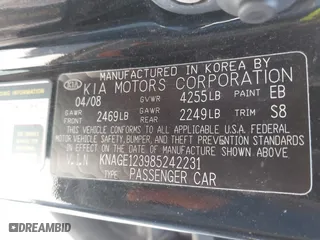 2008 Kia Optima LX with VIN KNAGE123985242231, listed as a IAAI auction lot 41838786 with 217,754 mi miles. Bid and sale history available at carsss.com. Image 9.