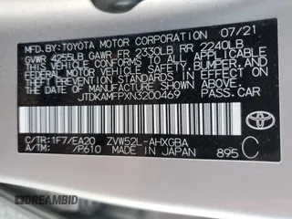 2022 Toyota Prius LE with VIN JTDKAMFPXN3200469, listed as a Copart auction lot 52983085 with 25,714 mi miles and Salvage Title. Bid and sale history available at DreamBid. Image 12.