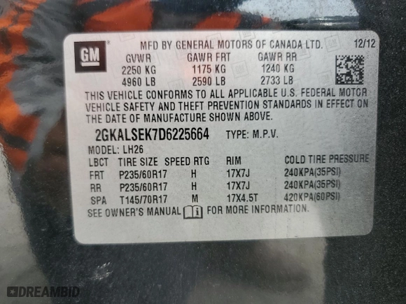 2013 GMC Terrain SLE with VIN 2GKALSEK7D6225664, listed as a Copart auction lot 50592195 with 169,015 mi miles and Clean Title. Bid and sale history available at carsss.com. Image 13.