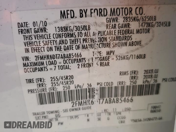2010 Ford Flex Limited w/Ecoboost with VIN 2FMHK6DT7ABA85466, listed as a Copart auction lot 49815285 with 100,537 mi miles and Clean Title. Bid and sale history available at carsss.com. Image 13.