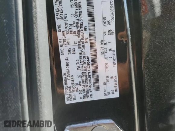 2015 Ford Escape Titanium with VIN 1FMCU0J97FUC80446, listed as a Copart auction lot 58749895 with 106,890 mi miles and Salvage title. Bid and sale history available at DreamBid. Image 13.