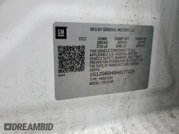 2017 Chevrolet Sonic LT with VIN 1G1JG6SH0H4177229, listed as a Copart auction lot 58264135 with 120,953 mi miles and Salvage title. Bid and sale history available at DreamBid. Image 12.