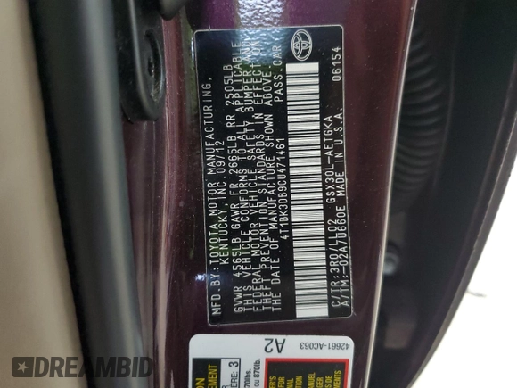 2012 Toyota Avalon with VIN 4T1BK3DB9CU471461, listed as a Copart auction lot 60617565 with 170,780 mi miles and Clean title. Bid and sale history available at DreamBid. Image 13.