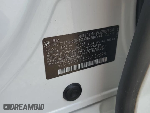 2012 BMW 7 Series 740Li с VIN WBAKB4C56CC575981, выставлен на аукционе Copart как лот 56058925 с пробегом 127 708 миль миль и Списание • Salvage title. История ставок и продаж доступна на DreamBid. Изображение 14.