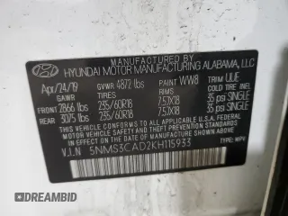 2019 Hyundai Santa Fe SEL with VIN 5NMS3CAD2KH115933, listed as a Copart auction lot 48519895 with 89,229 mi miles and Salvage Title. Bid and sale history available at carsss.com. Image 14.