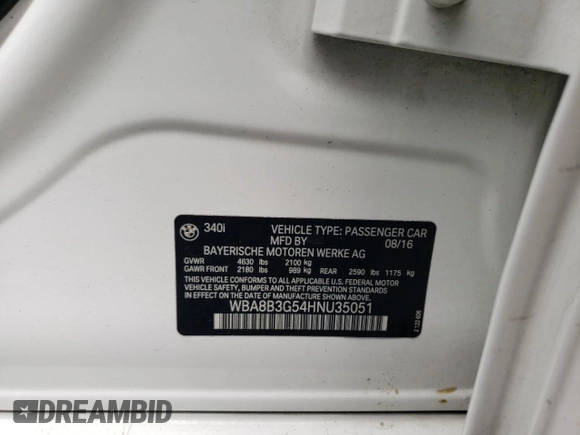 2017 BMW 3 Series 340i with VIN WBA8B3G54HNU35051, listed as a Copart auction lot 72220244 with Not Provided miles and Salvage Title. Bid and sale history available at DreamBid. Image 13.