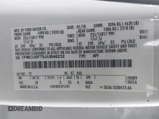 2018 Ford Escape S с VIN 1FMCU0F79JUB46232, выставлен на аукционе IAAI как лот 42434765 с пробегом 40 327 миль миль и . История ставок и продаж доступна на DreamBid. Изображение 9.