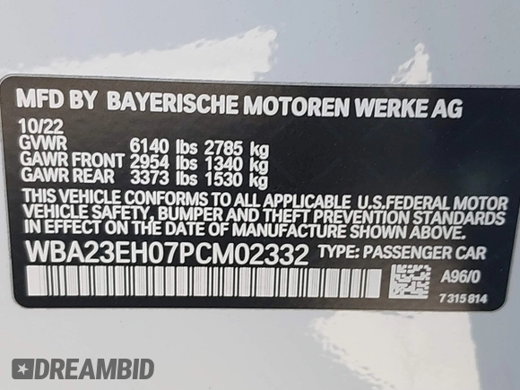 2023 BMW 7 Series 740i with VIN WBA23EH07PCM02332, listed as a IAAI auction lot 41721780 with 40,888 mi miles. Bid and sale history available at carsss.com. Image 9.