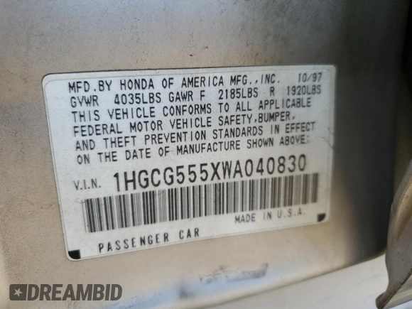 1998 Honda Accord EX z VIN 1HGCG555XWA040830, wystawiony jako Copart lot #74704554 z przebiegiem 253 788 mil mil oraz Szkoda całkowita • Salvage title. Historia ofert i sprzedaży dostępna na DreamBid. Obrazek 14.