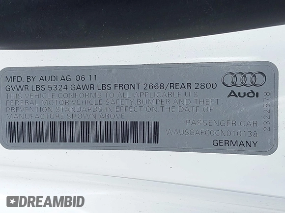 2012 Audi A7 Premium Plus with VIN WAUSGAFC0CN010138, listed as a IAAI auction lot 42532785 with 198,218 mi miles and . Bid and sale history available at DreamBid. Image 9.
