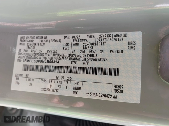 2022 Ford Bronco с VIN 1FMEE5BP9NLB05314, выставлен на аукционе IAAI как лот 41910228 с пробегом Не указан миль и . История ставок и продаж доступна на DreamBid. Изображение 9.