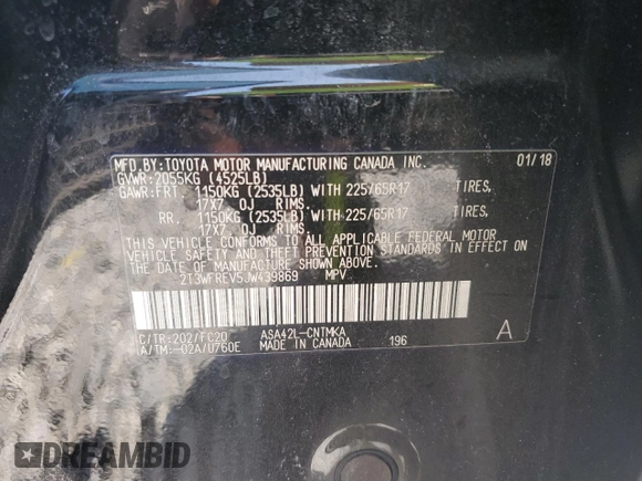 2018 Toyota RAV4 XLE with VIN 2T3WFREV5JW439869, listed as a Copart auction lot 50053895 with Not Provided miles and Clean Title. Bid and sale history available at DreamBid. Image 13.