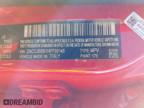 2017 Jeep Renegade Latitude z VIN ZACCJBBB1HPF99145, wystawiony jako IAAI lot #41831210 z przebiegiem Nie podano mil oraz . Historia ofert i sprzedaży dostępna na DreamBid. Obrazek 9.