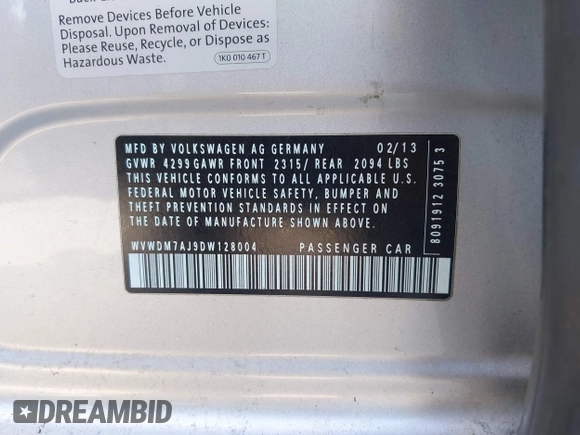 2013 Volkswagen Golf TDI with VIN WVWDM7AJ9DW128004, listed as a IAAI auction lot 41731917 with 226,522 mi miles and . Bid and sale history available at DreamBid. Image 9.