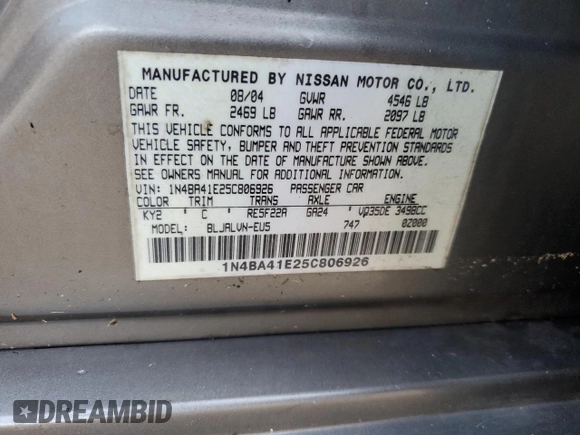 2005 Nissan Maxima 3.5 SL with VIN 1N4BA41E25C806926, listed as a Copart auction lot 76055734 with 163,131 mi miles and Salvage Title. Bid and sale history available at carsss.com. Image 13.