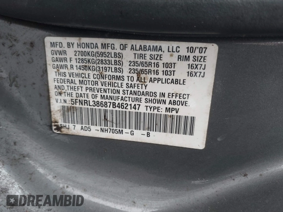 2007 Honda Odyssey EX-L z VIN 5FNRL38687B462147, wystawiony jako IAAI lot #41855258 z przebiegiem 272 015 mil mil oraz . Historia ofert i sprzedaży dostępna na DreamBid. Obrazek 9.