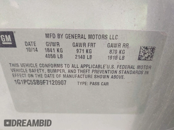 2015 Chevrolet Cruze LT with VIN 1G1PC5SB9F7120907, listed as a IAAI auction lot 41999469 with 104,636 mi miles and . Bid and sale history available at DreamBid. Image 9.