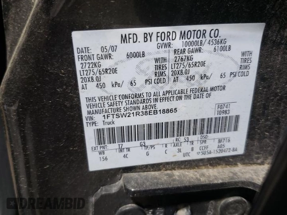 2008 Ford F-250 XL with VIN 1FTSW21R38EB18865, listed as a Copart auction lot 60240945 with 323,624 mi miles and Clean title. Bid and sale history available at DreamBid. Image 12.