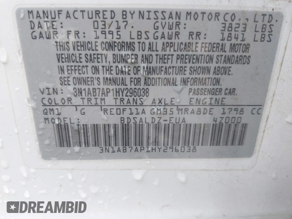 2017 Nissan Sentra SV с VIN 3N1AB7AP1HY296038, выставлен на аукционе IAAI как лот 42607101 с пробегом 72 460 миль миль и . История ставок и продаж доступна на DreamBid. Изображение 9.